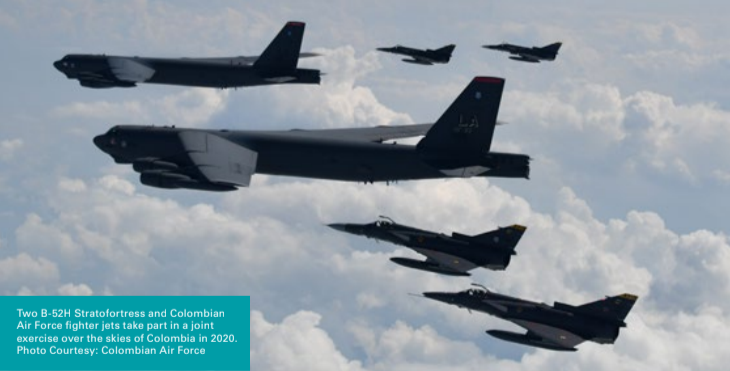 Two B-52H Stratofortress and Colombian Air Force fighter jets take part in a joint exercise over the skies of Colombia in 2020. Photo Courtesy: Colombian Air Force